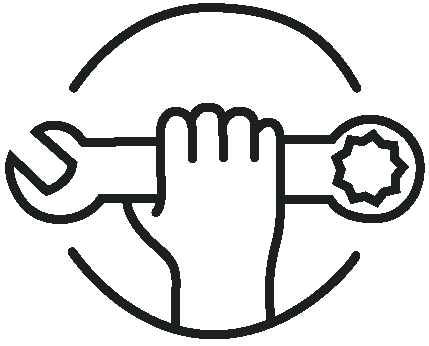 Line art icon of a hand holding a wrench