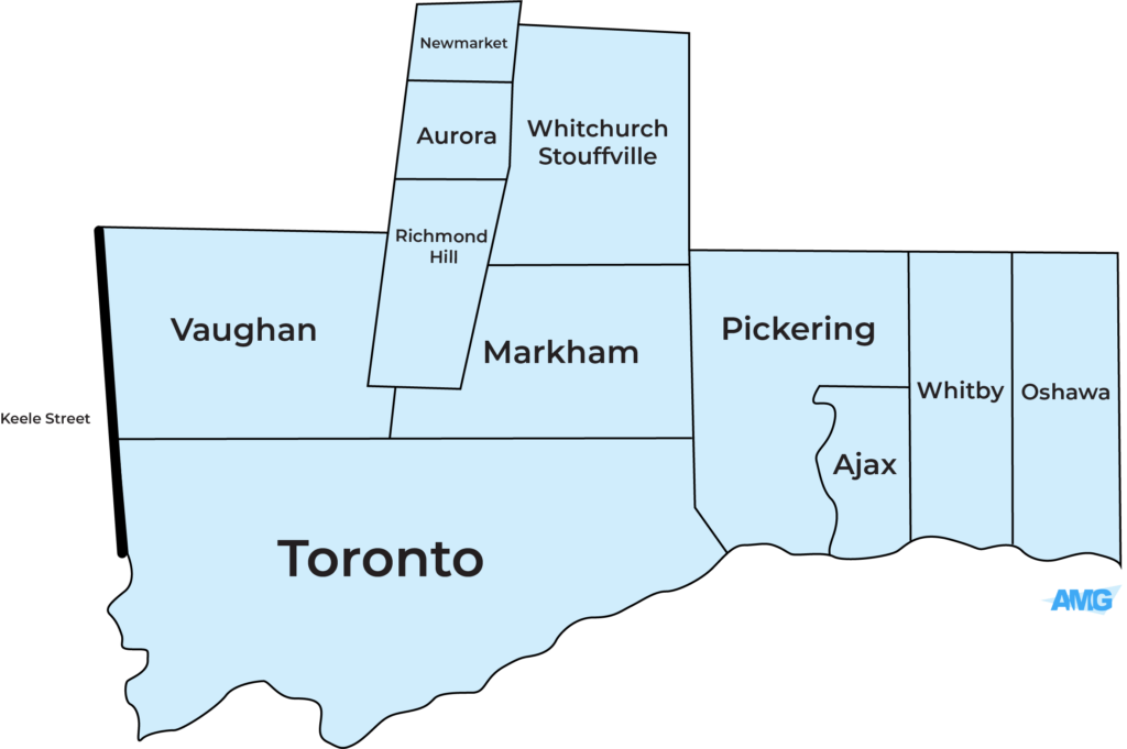 Blue map with black lines showing Toronto and surrounding areas that are serviced by AMG.