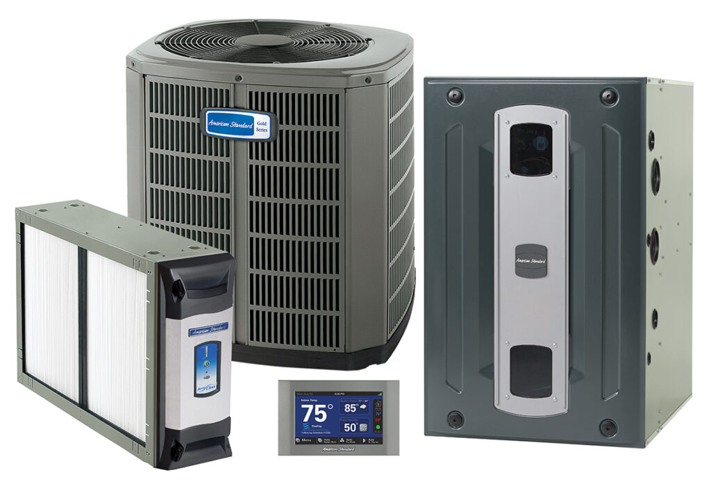 American standard product bundle of an air conditioner, filter, heater, and digital thermostat.